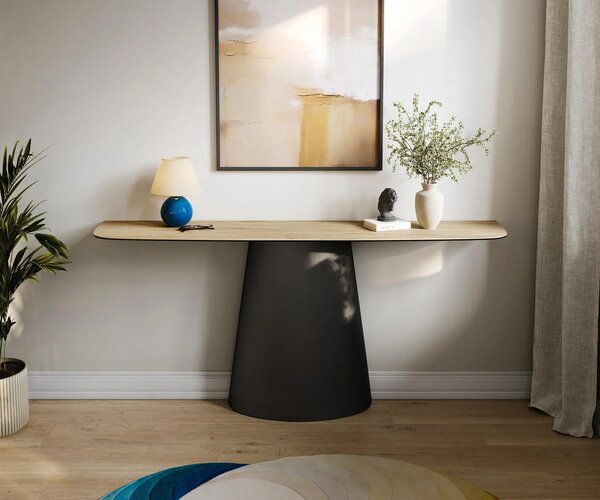 DELIFE Konzolový stolík Edge zaoblený 180×40 cm keramika Laminam® sabbia dubová farba Conos kov čierna