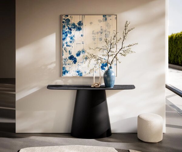 DELIFE Konzolový stolík Edge zaoblený 140×40 cm keramika Laminam® Nero Greco antracitová kužeľová kovová čierna