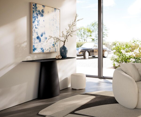 DELIFE Konzolový stolík Edge zaoblený 140×40 cm keramika Laminam® Nero Greco antracitová kužeľová kovová čierna