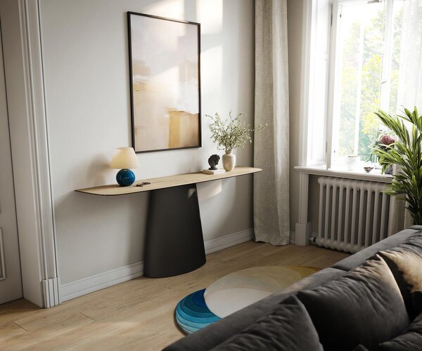 DELIFE Konzolový stolík Edge zaoblený 180×40 cm keramika Laminam® sabbia dubová farba Conos kov čierna