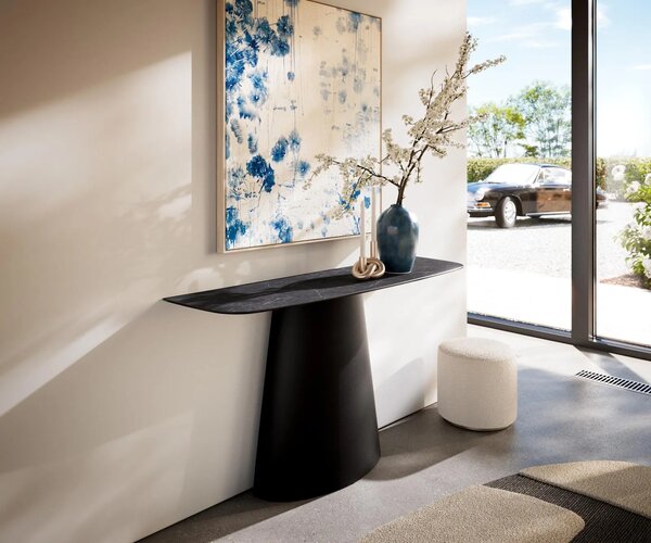 DELIFE Konzolový stolík Edge zaoblený 140×40 cm keramika Laminam® Nero Greco antracitová kužeľová kovová čierna