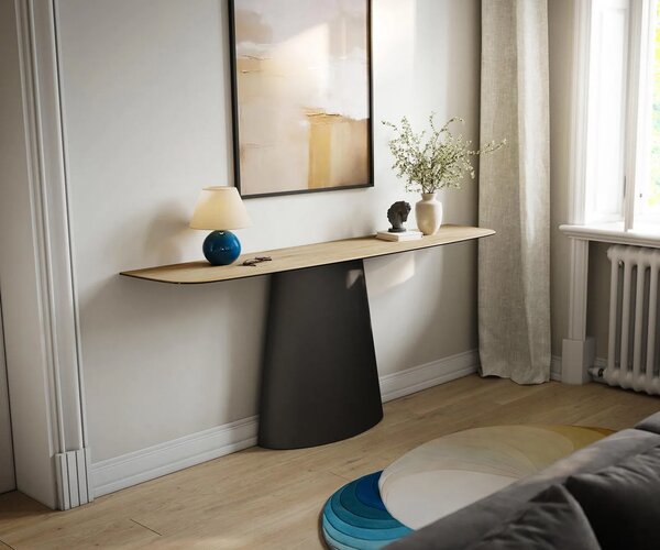 DELIFE Konzolový stolík Edge zaoblený 180×40 cm keramika Laminam® sabbia dubová farba Conos kov čierna