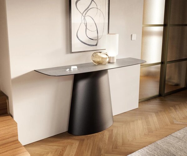 DELIFE Konzolový stolík Edge zaoblený 140×40 cm keramika betón sivá Conos kov čierna