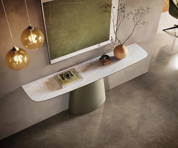 DELIFE Konzolový stolík Edge zaoblený tvar 180×40 cm keramika onyx perla Conos kov titánová farba