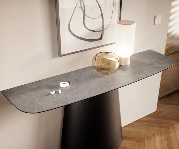 DELIFE Konzolový stolík Edge zaoblený 140×40 cm keramika betón sivá Conos kov čierna