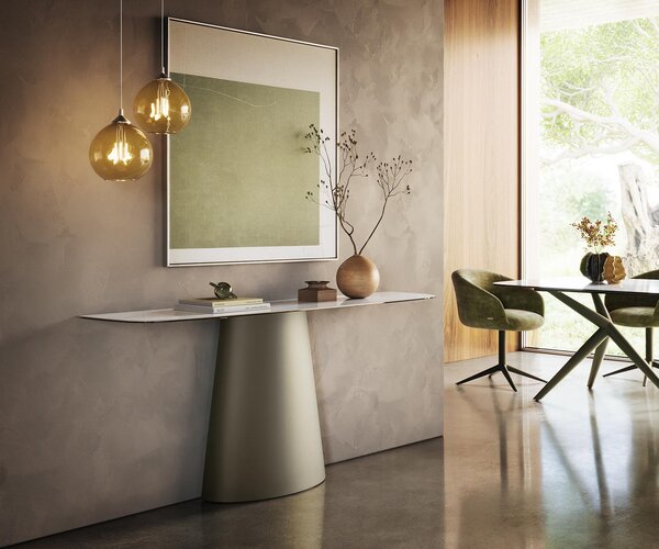 DELIFE Konzolový stolík Edge zaoblený tvar 180×40 cm keramika onyx perla Conos kov titánová farba