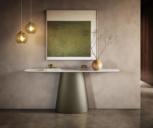 DELIFE Konzolový stolík Edge zaoblený tvar 180×40 cm keramika onyx perla Conos kov titánová farba