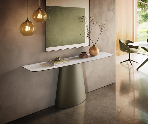 DELIFE Konzolový stolík Edge zaoblený tvar 180×40 cm keramika onyx perla Conos kov titánová farba