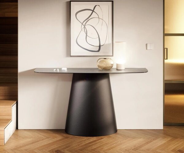 DELIFE Konzolový stolík Edge zaoblený 140×40 cm keramika betón sivá Conos kov čierna