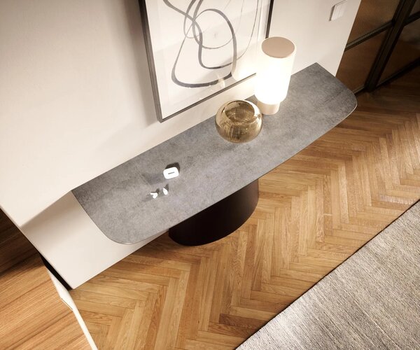 DELIFE Konzolový stolík Edge zaoblený 140×40 cm keramika betón sivá Conos kov čierna
