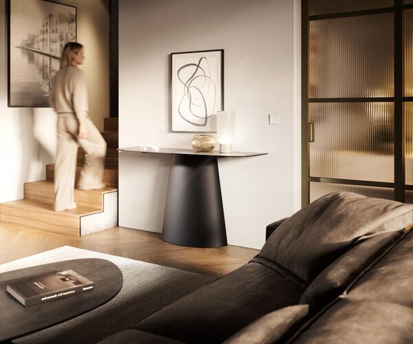 DELIFE Konzolový stolík Edge zaoblený 140×40 cm keramika betón sivá Conos kov čierna