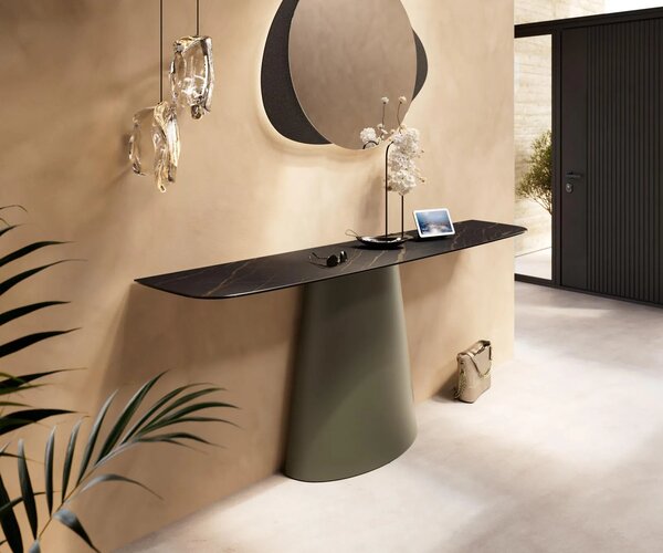 DELIFE Konzolový stolík Edge zaoblený tvar 180×40 cm keramika Laminam® Noir Desir hnedá Conos kov titánová farba