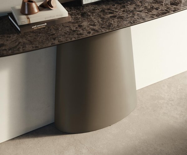 DELIFE Konzolový stolík Edge zaoblený 140×40 cm keramika Emperador Extra Lucidato tmavohnedá kužeľová kovová titánová farba