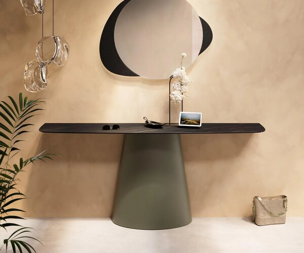 DELIFE Konzolový stolík Edge zaoblený tvar 180×40 cm keramika Laminam® Noir Desir hnedá Conos kov titánová farba