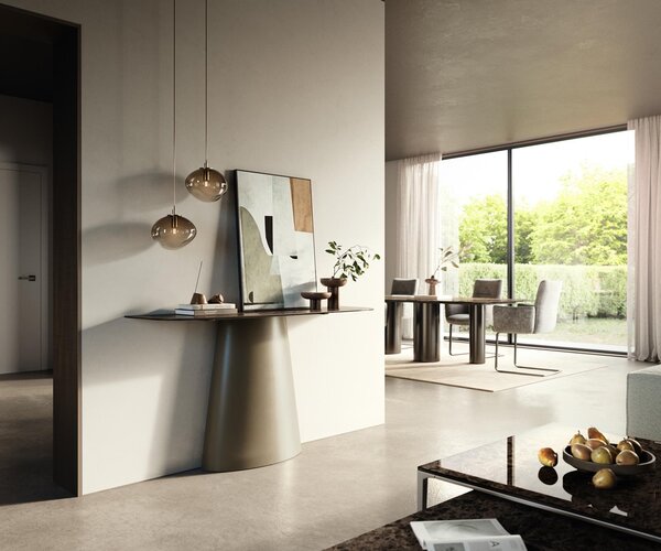 DELIFE Konzolový stolík Edge zaoblený 140×40 cm keramika Emperador Extra Lucidato tmavohnedá kužeľová kovová titánová farba