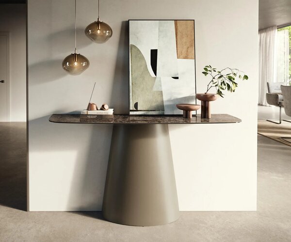 DELIFE Konzolový stolík Edge zaoblený 140×40 cm keramika Emperador Extra Lucidato tmavohnedá kužeľová kovová titánová farba