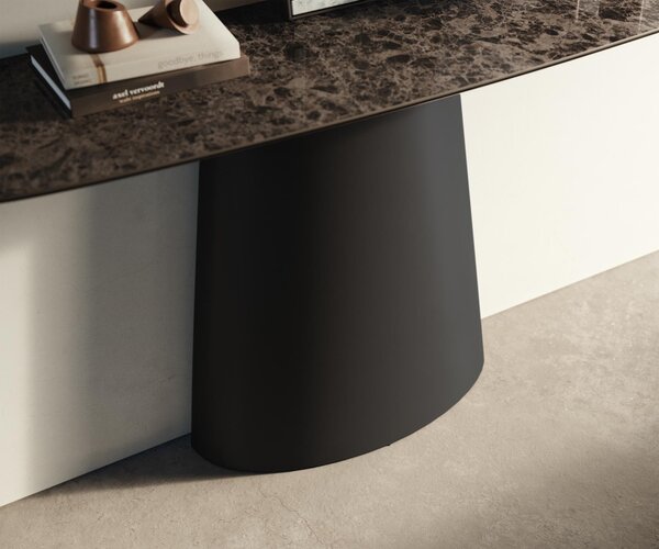 DELIFE Konzolový stolík Edge zaoblený 140×40 cm keramika Emperador extra leštená tmavohnedá kužeľová kov čierna