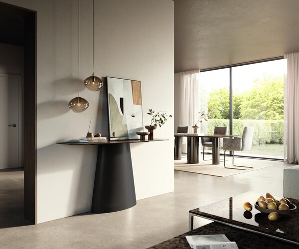 DELIFE Konzolový stolík Edge zaoblený 140×40 cm keramika Emperador extra leštená tmavohnedá kužeľová kov čierna