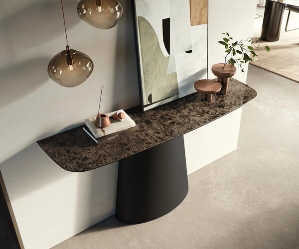 DELIFE Konzolový stolík Edge zaoblený 140×40 cm keramika Emperador extra leštená tmavohnedá kužeľová kov čierna