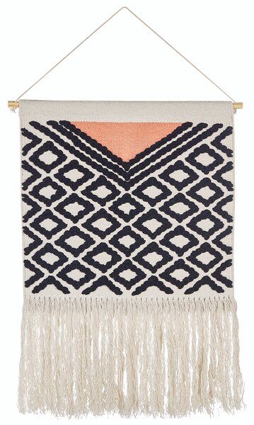 Záves na stenu oranžová a čierna bavlna 56 x 106 cm ručne tkaný so strapcami geometrický vzor nástenná dekorácia obývacia izba v štýle boho spálňa