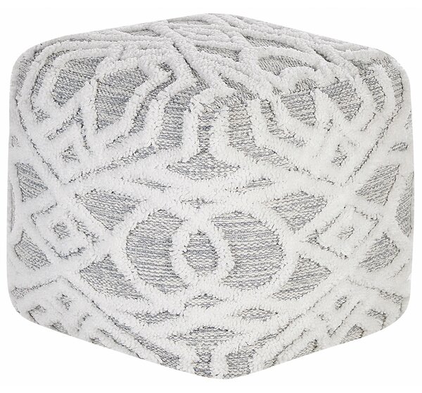 Taburetka sivá biela bavlna polyester 40 x 40 cm štvorcový tvar geometrický vzor makramé boho štýl podnožka puf obývačka spálňa
