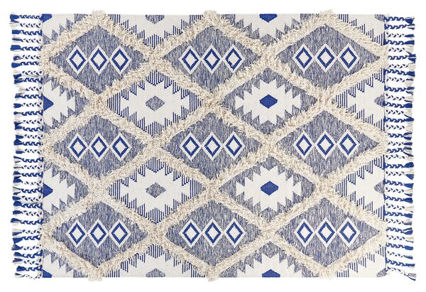 Koberec svetlobéžová a modrá bavlna 140 x 200 cm obdĺžnikový geometrický vzor strapce ručne tkaný moderný boho štýl