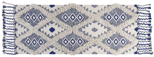 Koberec svetlobéžová a modrá bavlna 80 x 200 cm obdĺžnikový geometrický vzor strapce ručne tkaný moderný boho štýl