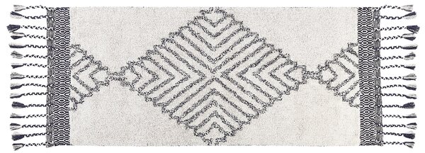 Koberec biely a čierny bavlnený 80 x 150 cm obdĺžnikový geometrický vzor strapce ručne tkaný moderný boho dizajn chodba