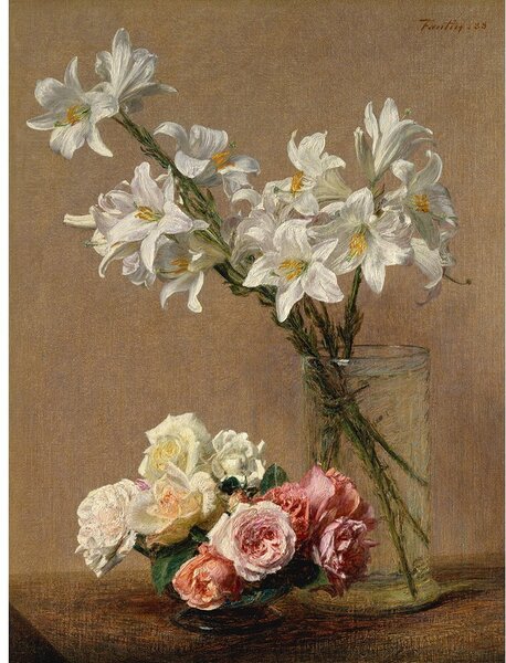 Reprodukcia obrazu Henri Fantin-Latour - Roses and Lilies, 45 × 60 cm