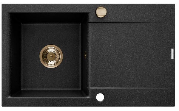 Invena Tesalia, 1-komorový granitový drez s odkvapkávačom 760x440x160 mm a kuchynskou batériou Glamour s flexibilným ramenom + zlatý automatický sifó…