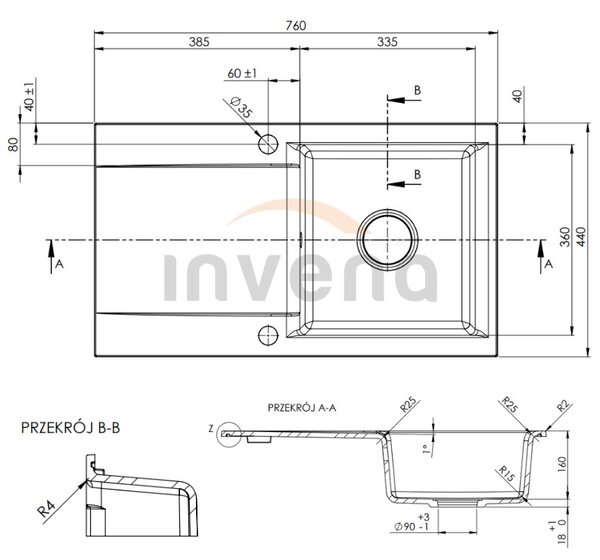 Invena Tesalia, 1-komorový granitový drez s odkvapkávačom 760x440x160 mm a kuchynskou batériou Glamour s flexibilným ramenom + zlatý automatický sifó…