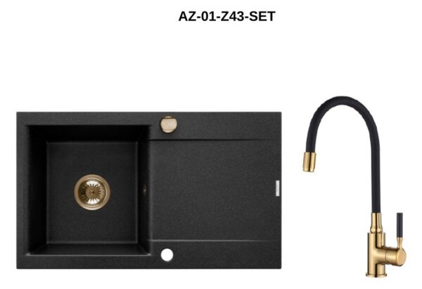 Invena Tesalia, 1-komorový granitový drez s odkvapkávačom 760x440x160 mm a kuchynskou batériou Glamour s flexibilným ramenom + zlatý automatický sifó…
