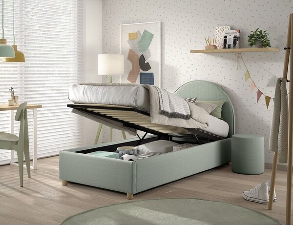 Zelená čalúnená jednolôžková posteľ s úložným priestorom s roštom 90x200 cm Moon – Vipack