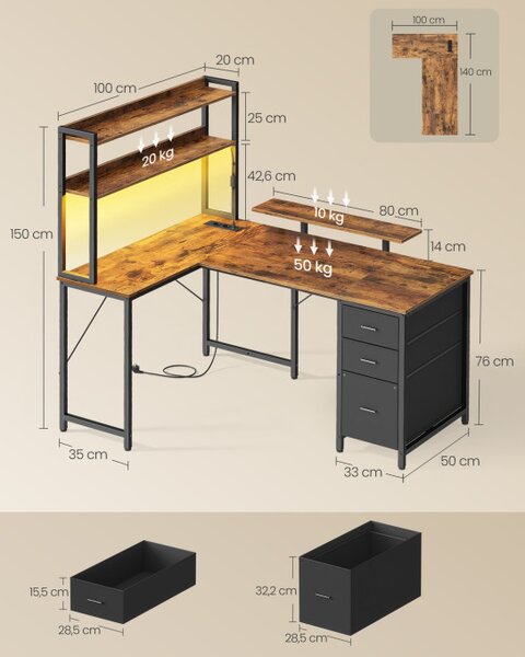 Rohový pracovný stôl s LED diódou LWD162K101