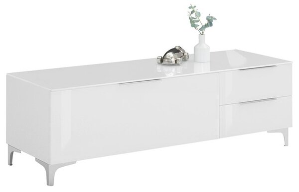 TV stolík BENTLEY biela matná/biele sklo, šírka 135 cm