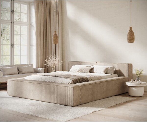 Béžová čalúnená dvojlôžková posteľ s úložným priestorom s roštom 180x200 cm Voliera – Maison de Rêve