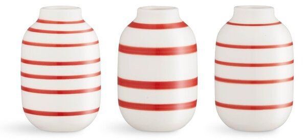 Súprava 3 miniatúrnych bielo-červených pruhovaných porcelánových váz Kähler Design Omaggio