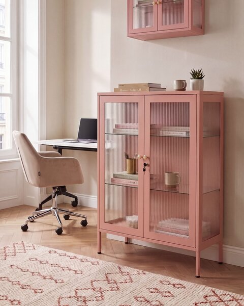 Kancelárska skrinka s presklenými dvierkami broskyňová ružová oceľová 90 x 35 x 110 cm vitrína s policami