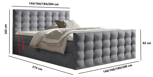 Wilsondo Čalúnená boxspring manželská posteľ s vrchným matracom Calvani - sivá Rozmer: 180x200