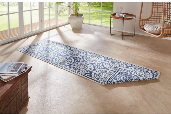 Modro-krémový vonkajší koberec NORTHRUGS Jardin, 80 x 350 cm
