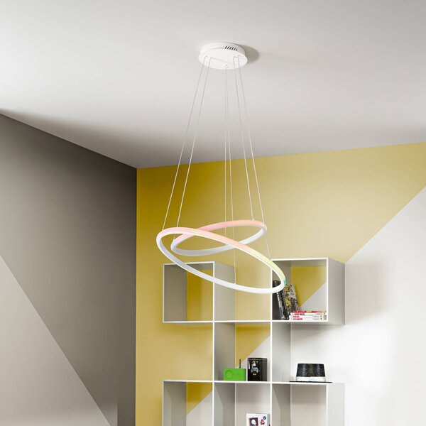 LED závesné svietidlo Axis, Ø 60/40 cm, biela, kov, RGB, Biela / opálová, Obývacia izba / jedáleň, kov, Moderný, Závesné svietidlo