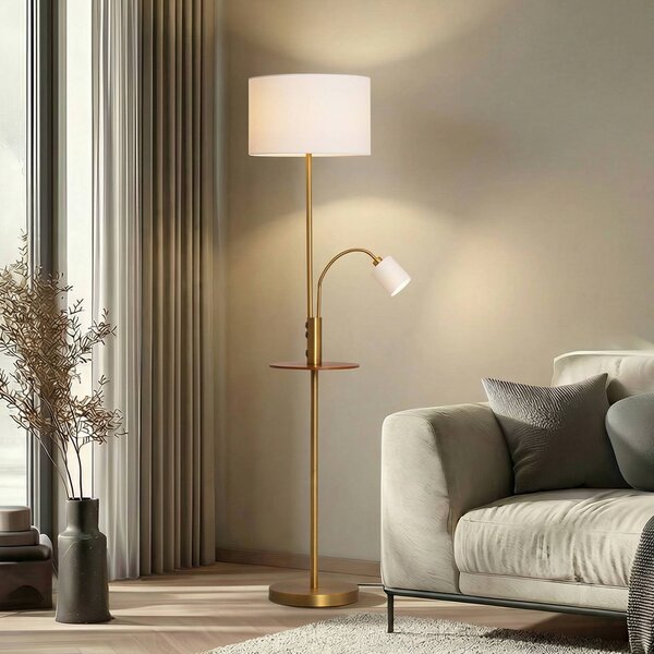 Lindby stojaca lampa Aovan, bronzová, odkladacia plocha, USB port, Hnedá / staromosadz, Obývacia izba / jedáleň, kov, Moderný, Stojaca lampa