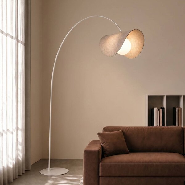 LED oblúkové svietidlo Lucande Sansibar, béžové, 180 cm, stmievateľné, Krémová / jantárovo žltá, Obývacia izba / jedáleň, Textil / látka / hodváb, Dizajn, Oblúková stojaca lampa