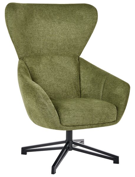 Otočné kreslo zelené látkové čalúnenie vysoké operadlo široké sedadlo moderný mid-century štýl obývacia izba spálňa