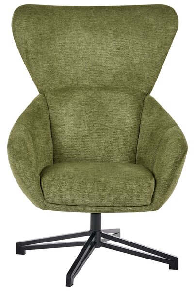 Otočné kreslo zelené látkové čalúnenie vysoké operadlo široké sedadlo moderný mid-century štýl obývacia izba spálňa