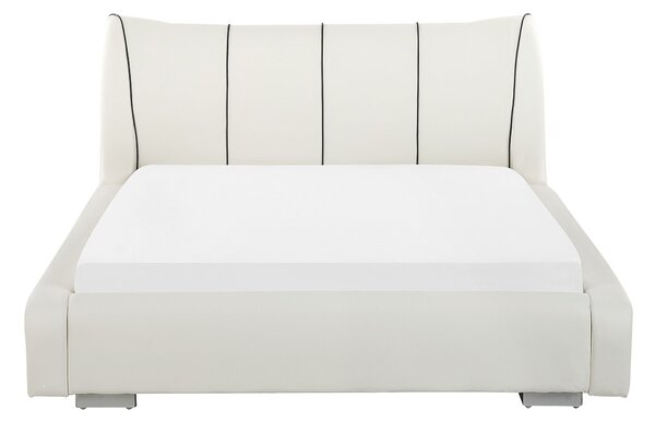 Vodná posteľ biela kožené čalúnenie 140 x 200 cm LED osvetlenie s roštom prešívané čelo redukcia vĺn moderný štýl spálňa
