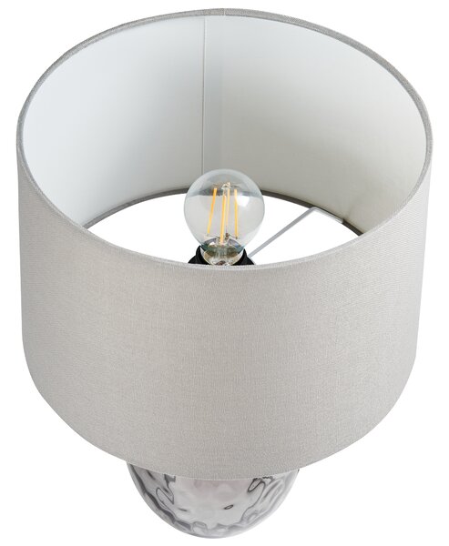 Stolná lampa priehľadná sivá dymový sklenený podstavec látkové tienidlo moderný dizajn