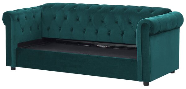 Rozkladacia pohovka chesterfield zelená zamatová čalúnená vysúvacia s matracom 3-miestna moderná