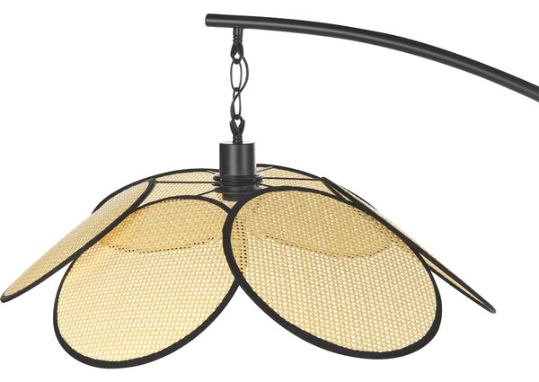 Stojaca lampa čierna kovová oblúková stojanová lampa s papierovým tienidlom s ratanovým efektom