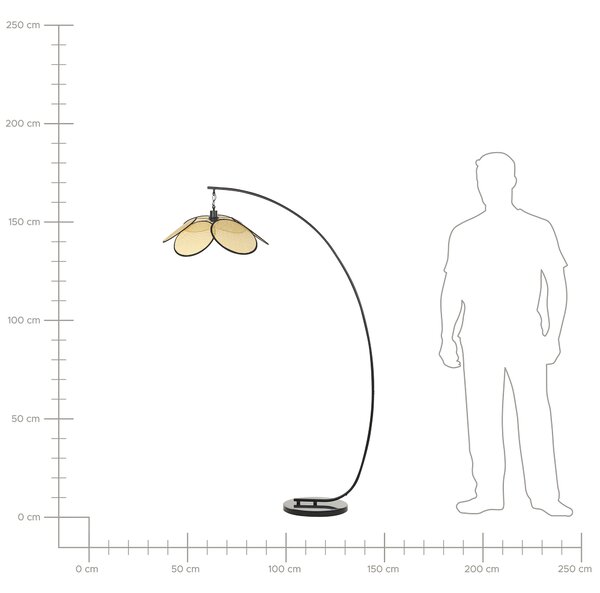 Stojaca lampa čierna kovová oblúková stojanová lampa s papierovým tienidlom s ratanovým efektom